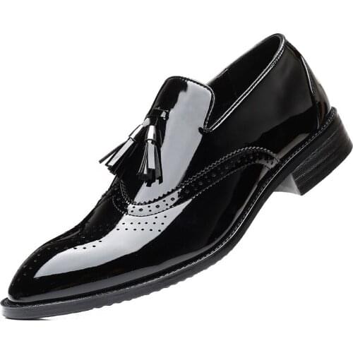 New Mens Business Casual Leather Shoes Fringed Fashion Block Single Shoe Cover Foot Large Size Mens Dress Shoes