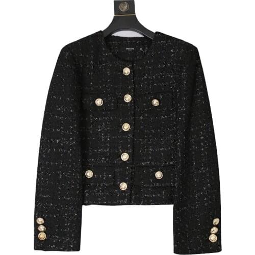 Temperament black tweed jacket long sleeve small fragrance short coat 2021