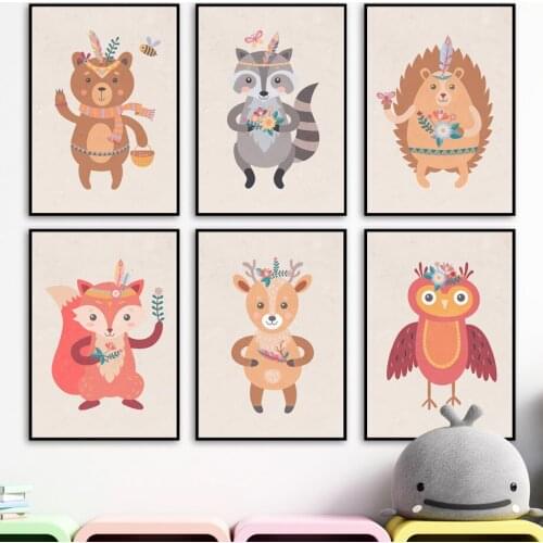 Nordic Poster Boho Bear Deer Fox Raccoon Hedgehog Owl Nursery Wall Art Print Canvas Painting Wall Pictures Baby Kids Room Decor