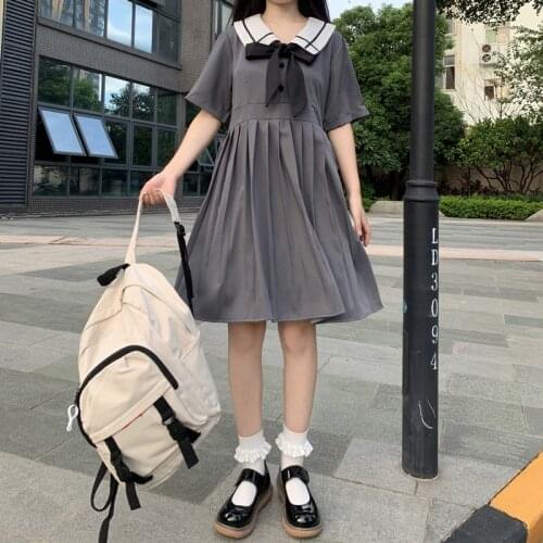 Japanese Pure Loli Skirt 2020 New Summer Sailor Collar Bow Short-Height Pleated Dress Women school girl uniform lolita dress