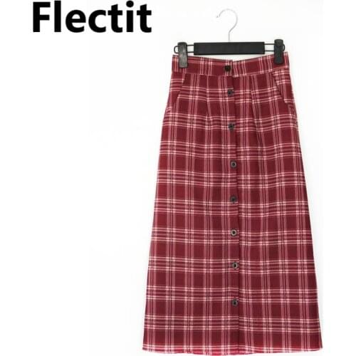 Flectit Fall Winter 2019 Plaid Skirt Womens Front Button Elastic Waist Plus Size Retro A-Line Midi Skirt Saia Feminina