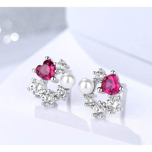 Red heart earrings silver 925 with Cubic Zironia pearl stone Flower earrings for women S925 sterling silver jewelry accessories