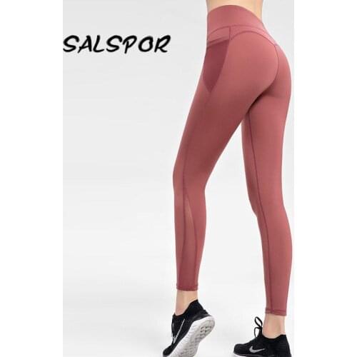 SALSPOR Sport Leggings Women Pocket Fitness Mesh Patchwork Workout Legging Female High Waist Activewear Sexy Black Athletic