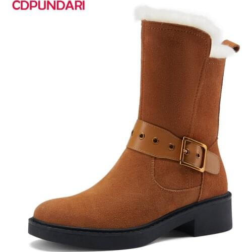 Buckle Genuine Leather Platform Wool Snow Boots Women Med Heels Ankle Short Boots Winter Shoes Botas De Nieve Mujer Invierno