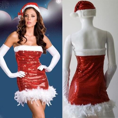 2021 Satin Sexy Dress Women Off Shoulder Anti Mini Dress Mini Zipper Summer Dress Santa Costume Christmas Costume Sequin