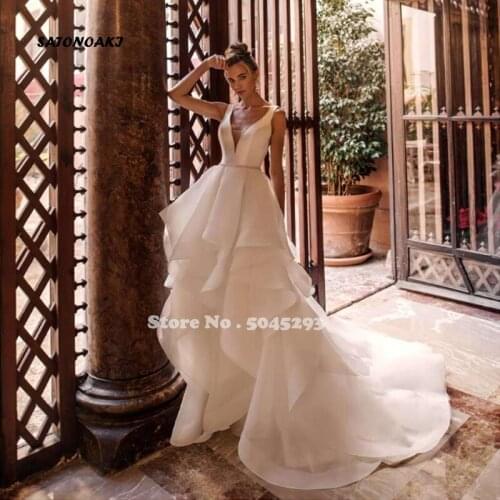 2021 Beach V Neck Wedding Dress Organza Tiered White/Ivory Romantic Bridal Gown Custom Made Vestido De Novia Robe Mariage Online