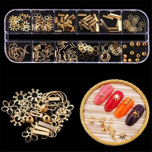 Gold Metal Hollow Out Flower Chain Mixed Metal Rivet Decorations Line Nail Crystal Accessoires Nail Art Set