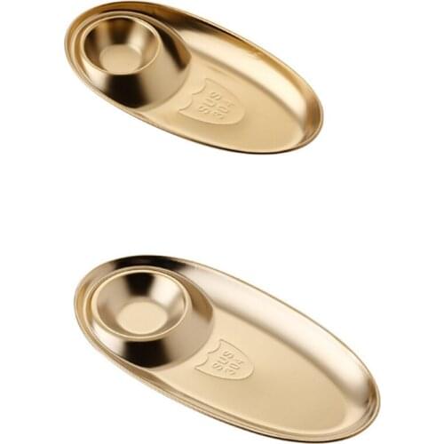 2PCS Stainless Steel Snack Plate Oval Fries Plate Dumpling Plate with Seasoning Grid Fried Chicken Snack Plate