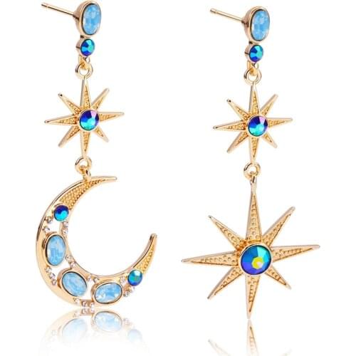 2021 New Design Long Fairy Multi Color Unique Moon Star Asymmetric Crystal Pendant Earrings