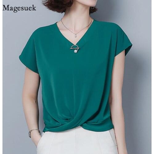 2021 Women Clothes Solid Loose Short Sleeve Summer Plus Size Elegant Chiffon Shirt V-neck Office Lady Blouse Blusa 9051 50