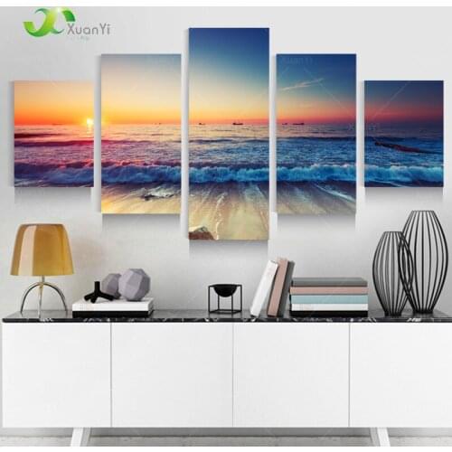 5 Panel Blue Seascape Canvas Oil Wall Picture Painting Sunset Canvas Prints And Poster Cuadros Decoration Wall Art Unframed