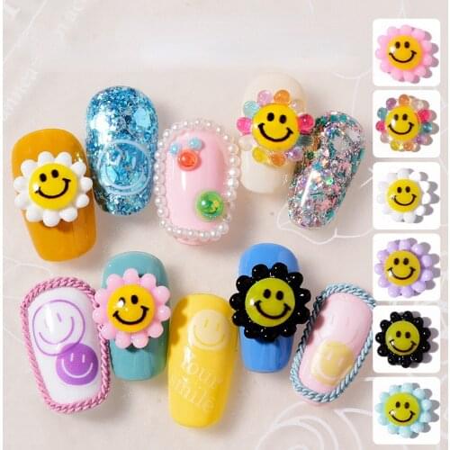 8pcs/lot nail art smile sunflower cartoon colorful nail paste decoration resin 3d charms nails supply nail gems