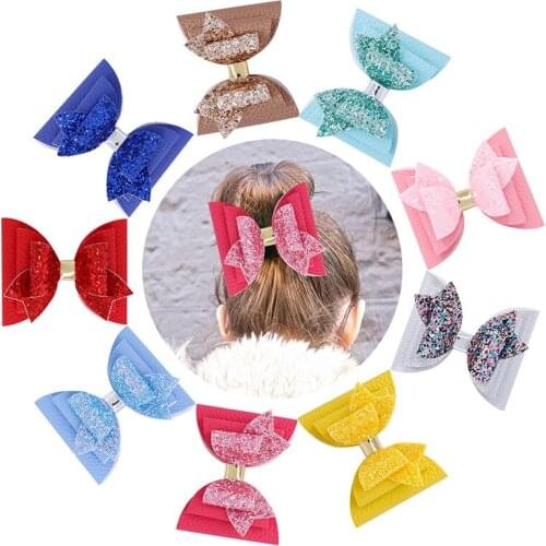 9pcs/set Leather Glitter Kids Hair Bows Hair Clips for Girls Hairpins Barrettes Three Layers Dovetail Bow Headwear Accessories