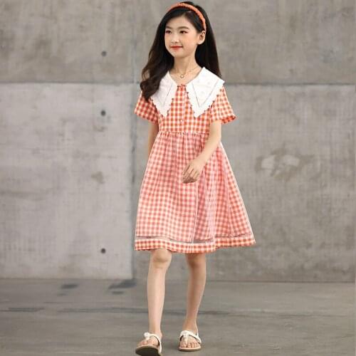 2021 Kids Dresses for Girls Cotton Childrens Clothing Gauze Summer Dress Elegant Orange Plaid Girl Dress 4 6 8 10 12 14 Years