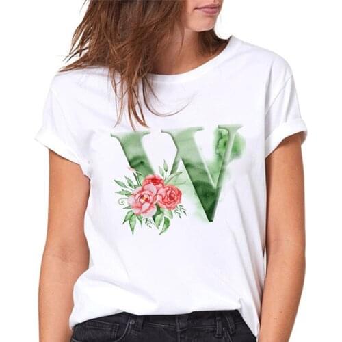 T-shirt Women Fashion 26 Alphabet Summer Flowers W Print Female Tshirts Harajuku Casual ladies Tees Casual White tshirt femme