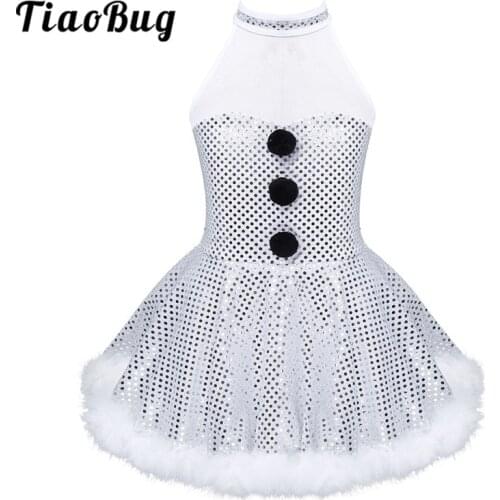 TiaoBug Kids Girls Christmas Snowman Dancewear Sleeveless Shiny Sequin Figure Skating Dress Stage Performance Jazz Dance Costume