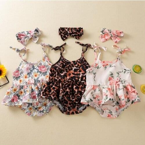 Summer Baby Girl’s Lace-Up Suspender Romper Fresh Leopard/Flower U-neck Jumpsuits Headband Baby Bodysuits