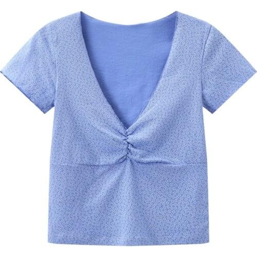 Sweet Women Soft Cotton V Neck T-shirt 2021 Summer Fashion Ladies College Style T-shirt Female Vintage Printed Short T-shirt