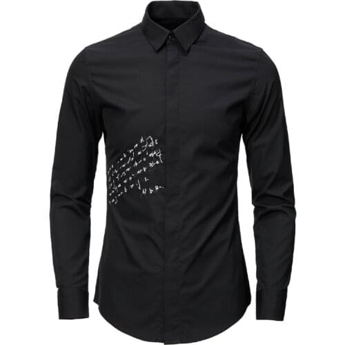 2019 Brand Men Shirt Long sleeve Slim Chemise homme Solid color Letters Embroidery Shirts for man Casual business Camisas hombre