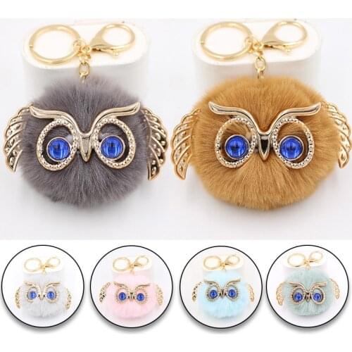 New Cute Cartoon Fluffy Rabbit Fur Owl Pom Pom Ball Keychain Keyring Car Key Ring Chain Charm Women Bag Pendant Decorative