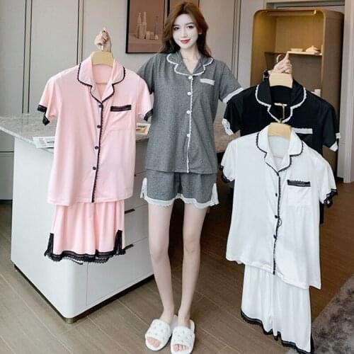 2021 Summer Short Sleeve Pajama Sets for Women Korean Cute Lace Shorts Sleepwear Suit Pyjamas Homewear Pijama Mujer Home Clothes