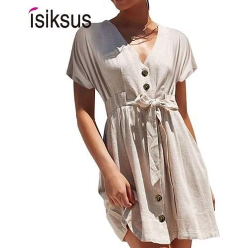 Isiksus Vintage Linen Summer Dress Women Cotton Dress Women Summer Casual Elegant Short Sleeve Ladies Dresses For Women DR199