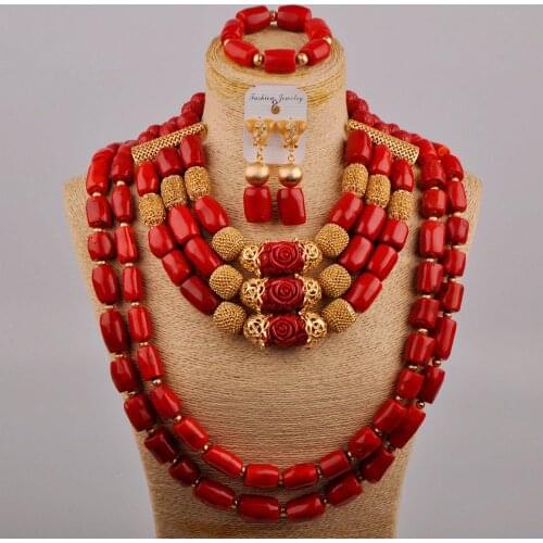 Luxurious African Wedding Beads 5 Layers Red Coral Jewellery Set Dubai Gold Nigerian Coral Bridal Jewelry Sets