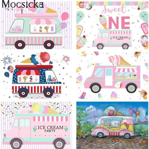 Pink Ice Cream Car Birthday Backdrop Heres the Scoop Girls 1st Birthday Photo Background Sweet Candy Decorations Baby Shower