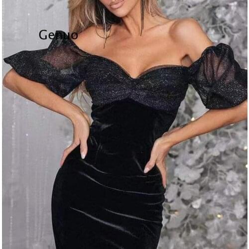 Puff Sleeve Woman Dress Sexy See Through Mesh Velour Patchwork 2 Layers Elastic Black Midi Dress Lady Fashion Party Robe