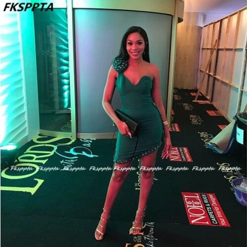 Sexy Dark Green Short Prom Dresses Shiny Crystal Sheath One Shoulder Best Women Wedding Party Dress Custom Made Prom Gowns