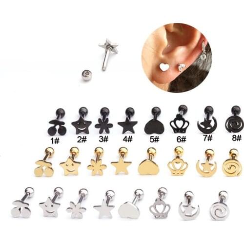 1PC 16G Stainless Steel Crown Star Moon Stud Earrings Labret Clip Earring Set Helix Piercing Jewelry Accessories for Women