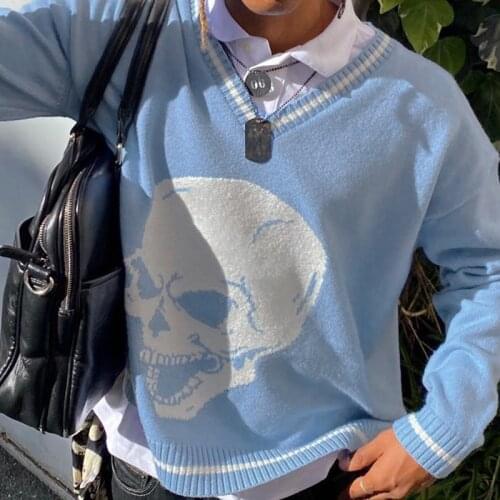 Autumn Winter Sweaters Y2K Skulls Pullovers V Neck Knitwear Loose Long Sleeve Casual Blue Retro Tops Knitted Women Streetwear