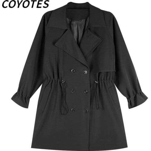 COYOTES Women Trench Long Coats Thin Solid Overcoat Womens Coat Double-Breasted Drawstring Outwear Casual Loose Elegant Slim