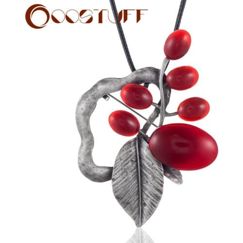 Vintage Long Necklace with Leaf Pendant Red Stone necklaces & pendants Wholesale Plant Jewelry for collares mujer colar choker