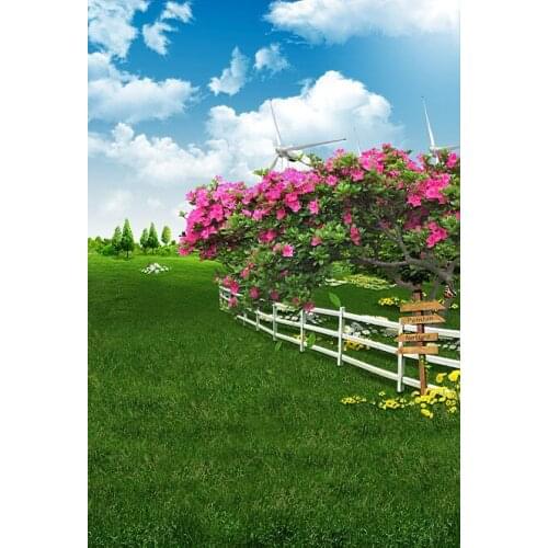 VinylBDS Spring Scenic Photography Backdrops 10x10ft Blue Sky Flower Photo Backdrops Green Grassland Background For Photography