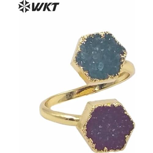 WT-R119 Hot sale!Lovely double sets bright color druzy at gate rings double stone druzy rings in free shipping
