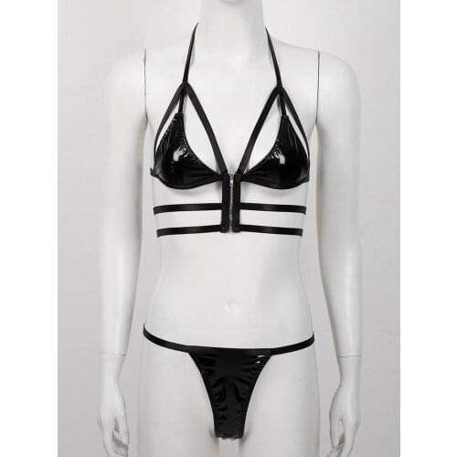 Womens Strappy Leather Wet Look Clubwear Pole Lingerie Suit Bikini Set Lace-up Halter Neck Front Zipper Bra Tops with T-back