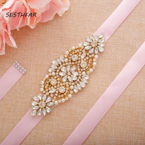 SESTHFAR Pearls Wedding Belt Simple Crystal Bridal Sash Rose Gold Rhinestones Bridal Belt For Wedding Evening Dresses
