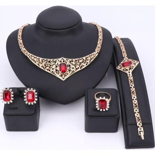 OUHE African Beads Jewelry Sets Gold Color Imitated Gem Crystal Women Wedding Party Necklace Bracelet Earring Ring Set