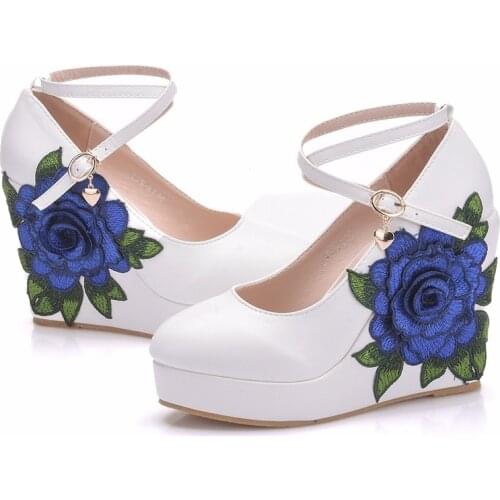 2019 Fashion Women Shoes Pumps Buckle Strap Round Toe Wedges 10.8CM High Heels Womens Wedding Shoes