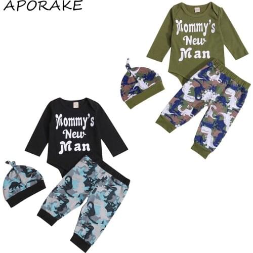 2021 0-18M Casual Infant Boy Clothing Set Letter Print Long Sleeve Romper+Dinosaur Print Harem Pants+Hat Spring Fall 3pcs