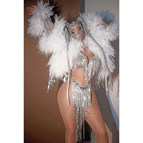Silver Sequin Fringe Bra Short White Mesh Long Jacket Outfit Bar Birthday Costume Prom Bikini Women Dance Outfit Set