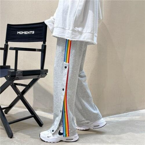 Men Joggers Wide Legs Casual Pants Open-Breasted Guard Men Pants Spring Thin Cotton Elastic Waist Sports color stripe Trousers