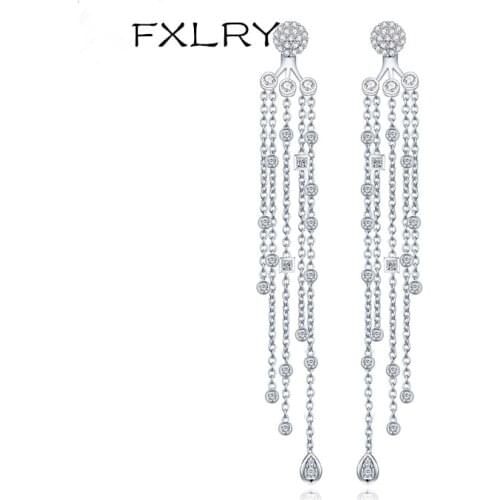 FXLRY Elegant White Color Cubic Zircon Water Drop Long Tassel Earrings For For Wedding Bride Jewelry