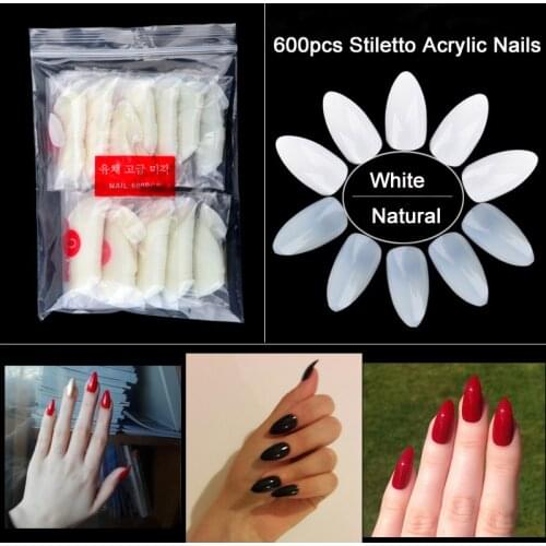 TKGOES 600pcs/pack Stiletto Sharp Fake Nails Artificial Nails Full Cover Oval False Nails DIY Natural/White Fake Nail Salon Art
