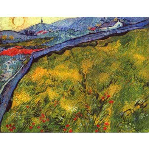 Handpainted Vincent Van Gogh Oil Painting Landscape Reproduction on Canvas Enclosed Wheat Field with Rising Sun Wall Art Picture