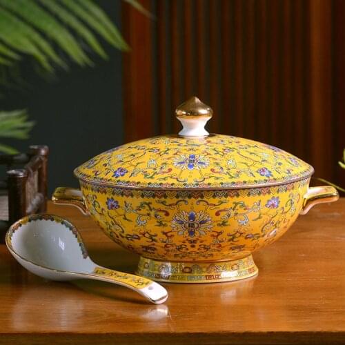 Jingdezhen Ceramic soup bowl chinese family Bone China large capacity soup pot pot with ear and cover tableware bowl