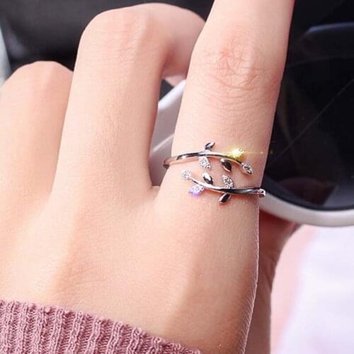 White Gold Rhinestone Rings for Women Jewelry Leaf Korean Fashion Adjustable Female Finger Ring Party Wedding Bague Gift