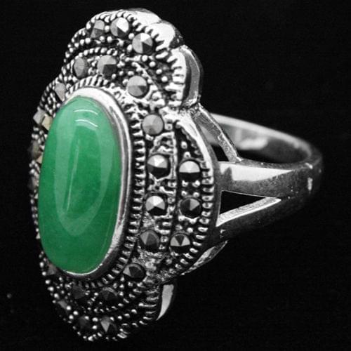 24*16mm VINTAGE Natural Jade MARCASITE 925 SILVER RING SIZE 6/7/8/9