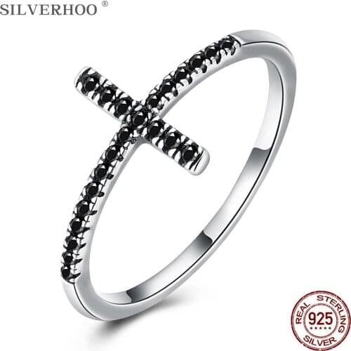 SILVERHOO 925 Sterling Silver Religious Cross Vintage Rings For Women Personality Black Cubic Zirconia Ring Unisex Fine Jewelry